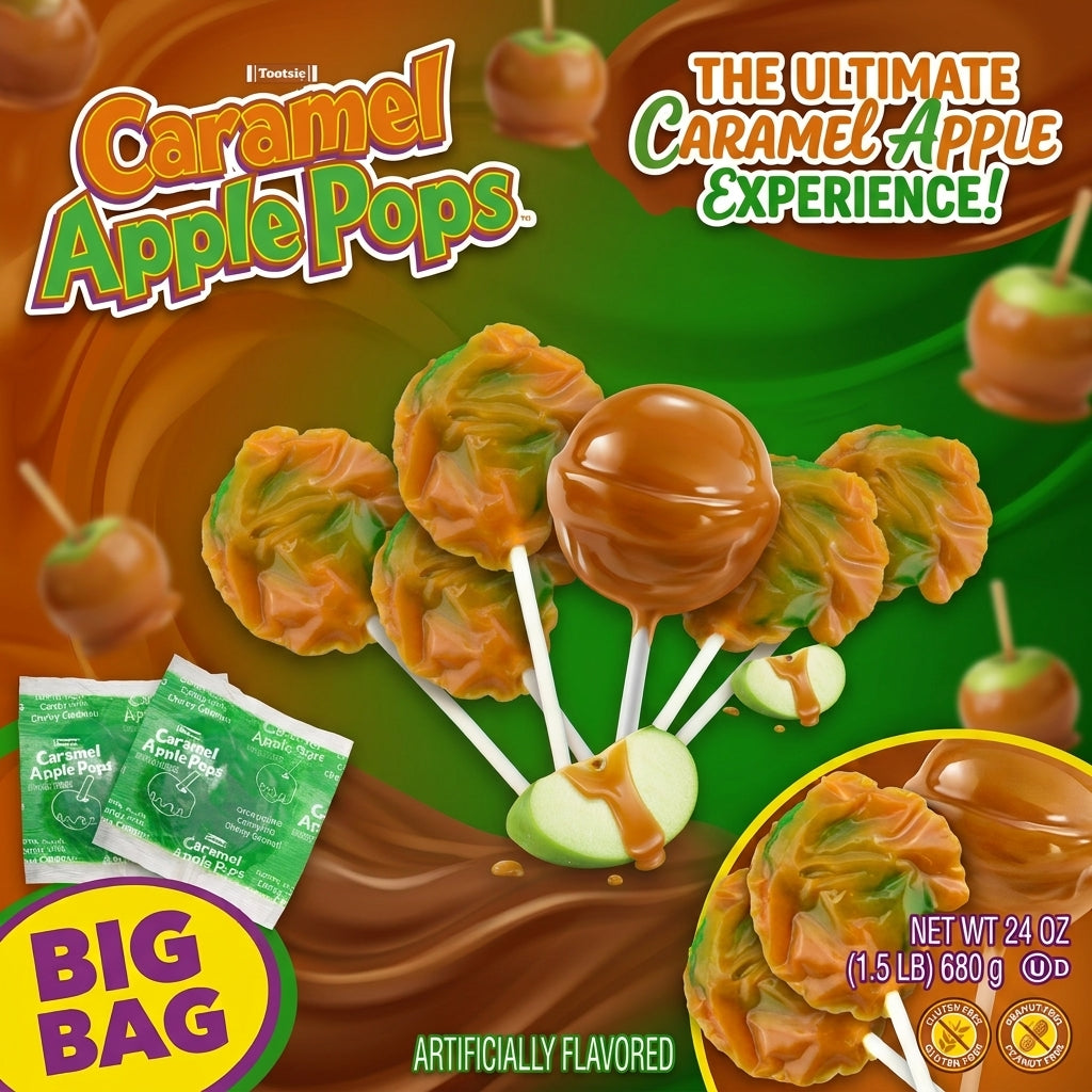 Tootsie Roll | Caramel Apple Pops | Caramel Covered Green Apple Candy Lollipops | Pack of 24