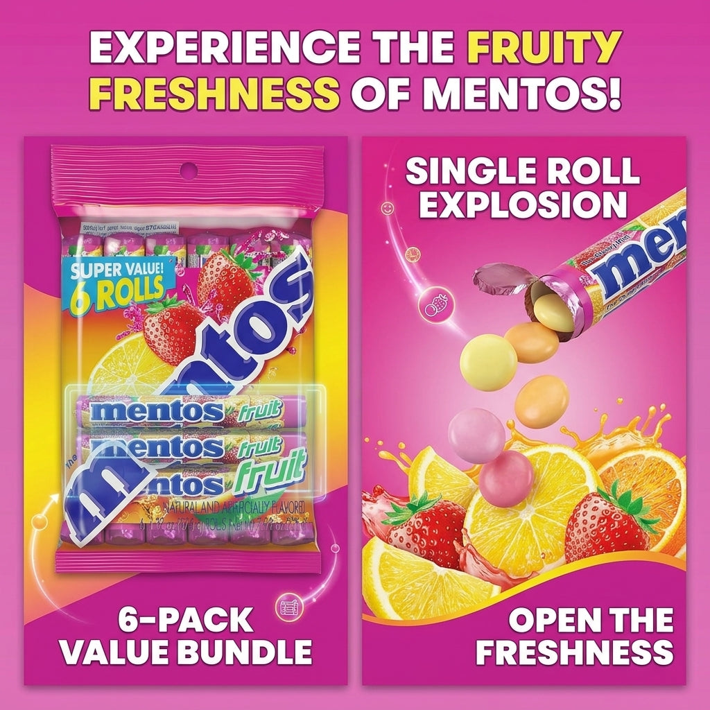 MENTOS Fruit Candy | Mint Chewy Roll | 14 Pieces Per Roll (Pack of 6)