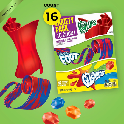 Fruit Roll-Ups | Fruit by the Foot and Gushers | Variety Pack, 16 Pouches