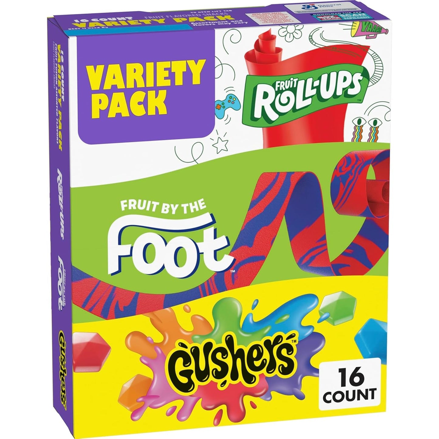 Fruit Roll-Ups | Fruit by the Foot and Gushers | Variety Pack, 16 Pouches