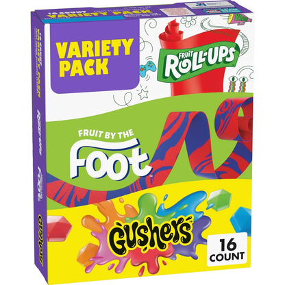 Fruit Roll-Ups | Fruit by the Foot and Gushers | Variety Pack, 16 Pouches