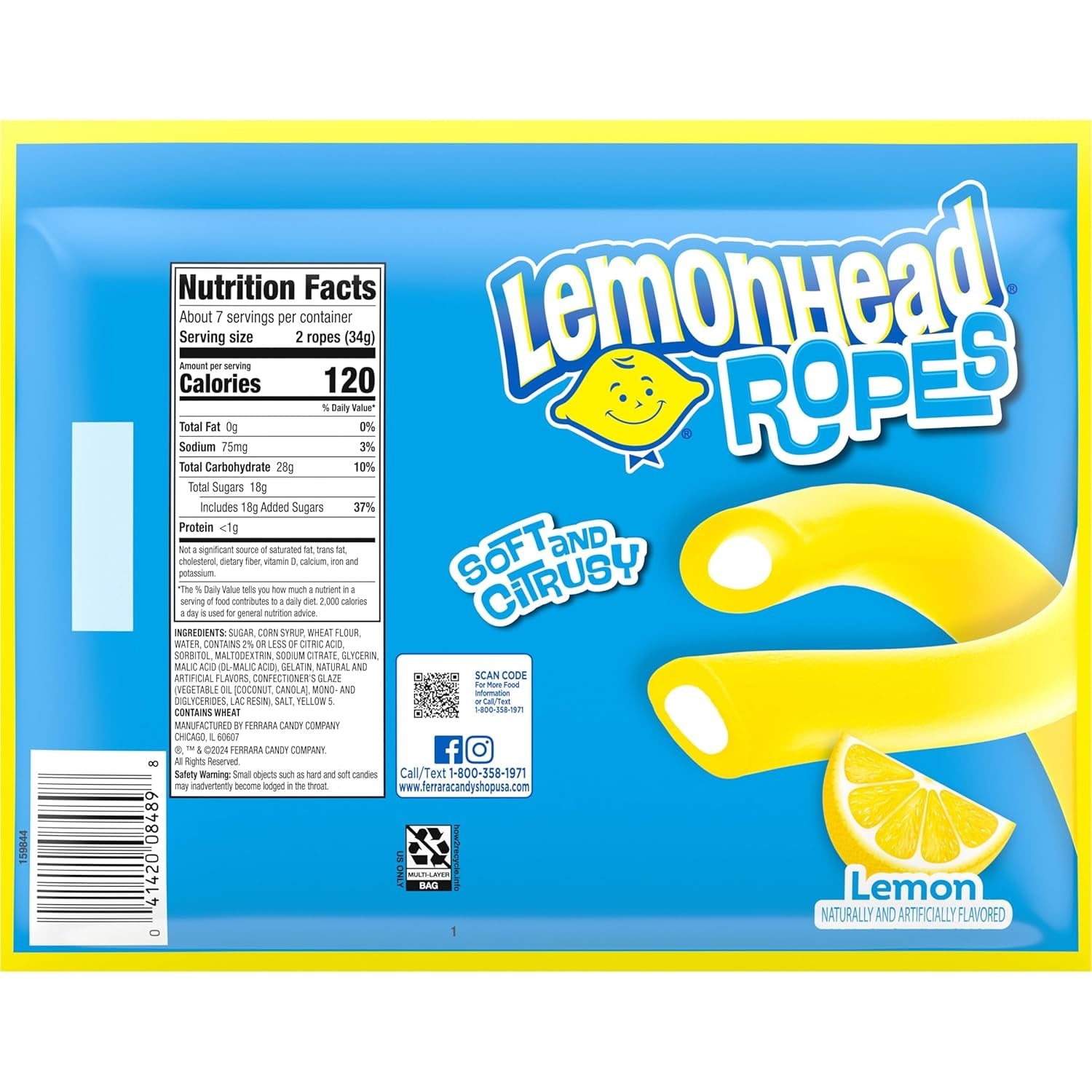 Lemonhead Ropes | Lemon, Tart and Citrusy | Soft and Chewy Candy | 9 oz