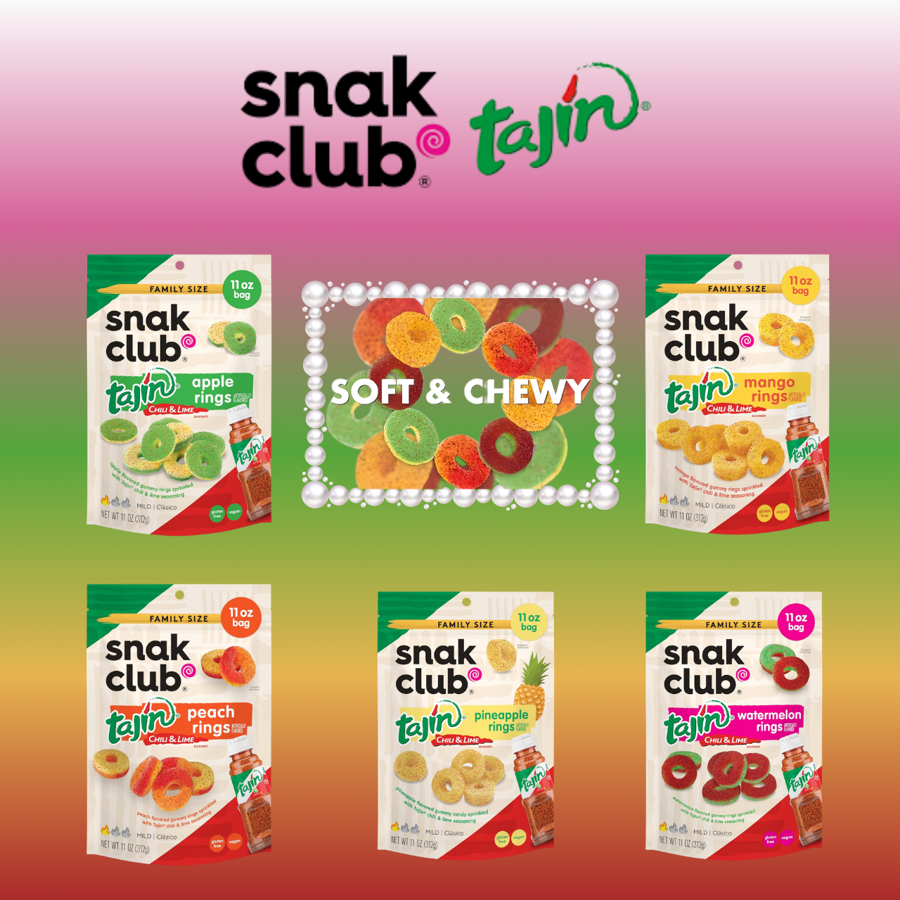 Snak Club | Rings | Sweet and Spicy Gummy Candy| Watermelon, Apple, Mango, Peach and Pineapple