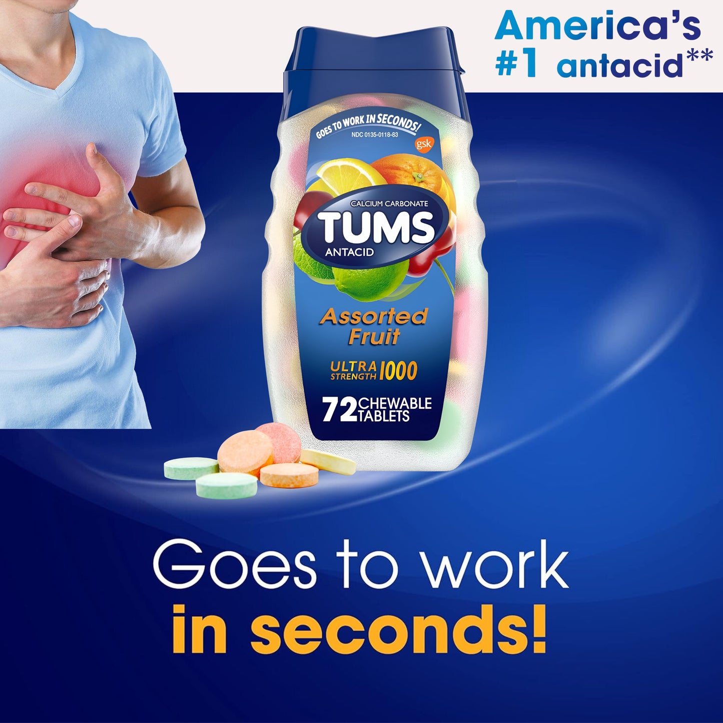 TUMS Ultra Strength 1000 - Chewable Antacid Tablets (Assorted Fruit - 72 Count)