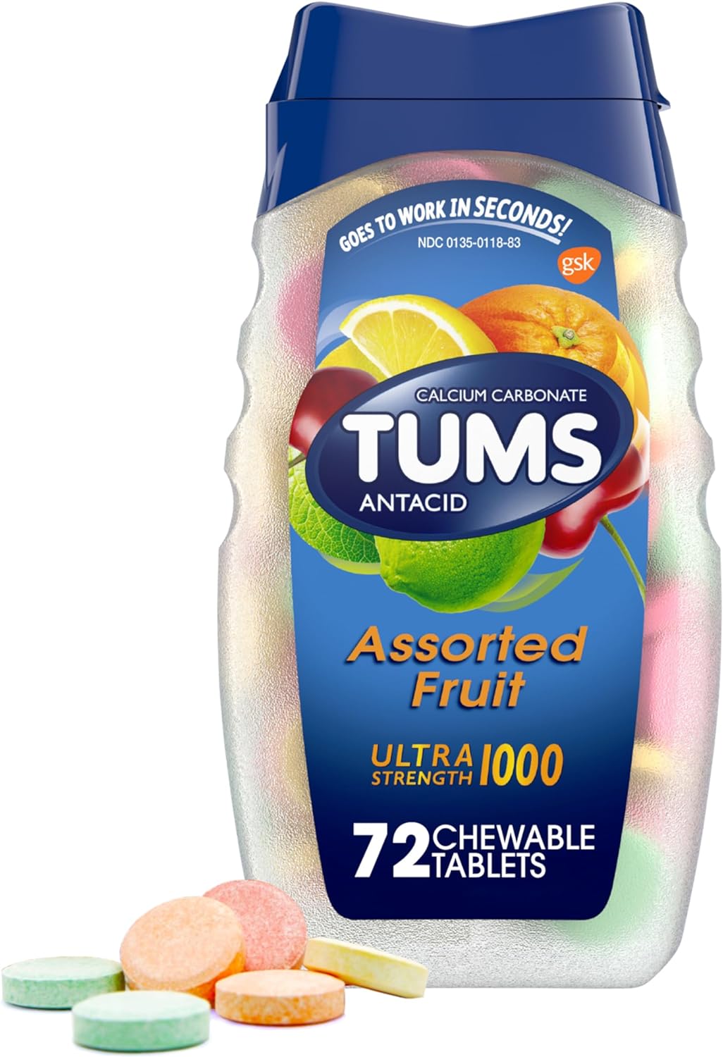 TUMS Ultra Strength 1000 - Chewable Antacid Tablets (Assorted Fruit - 72 Count)