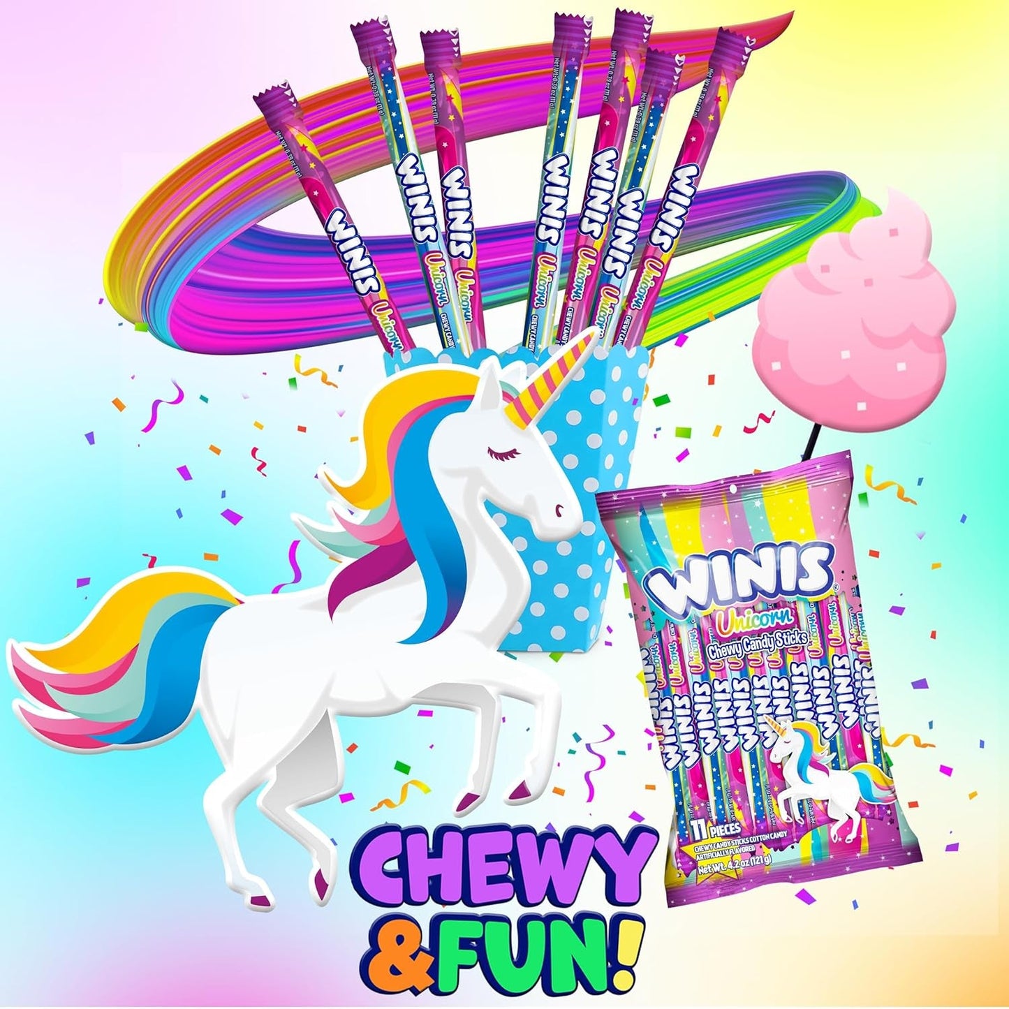 Winis Unicorn | Chewy Candy Swirl and Taffy Pops | Cotton-Candy Flavored