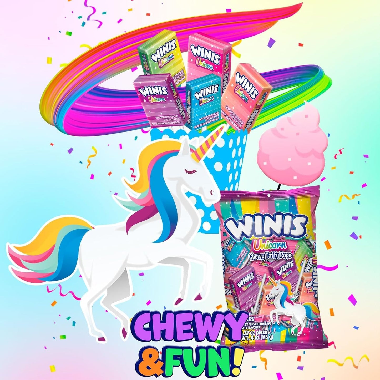 Winis Unicorn | Chewy Candy Swirl and Taffy Pops | Cotton-Candy Flavored