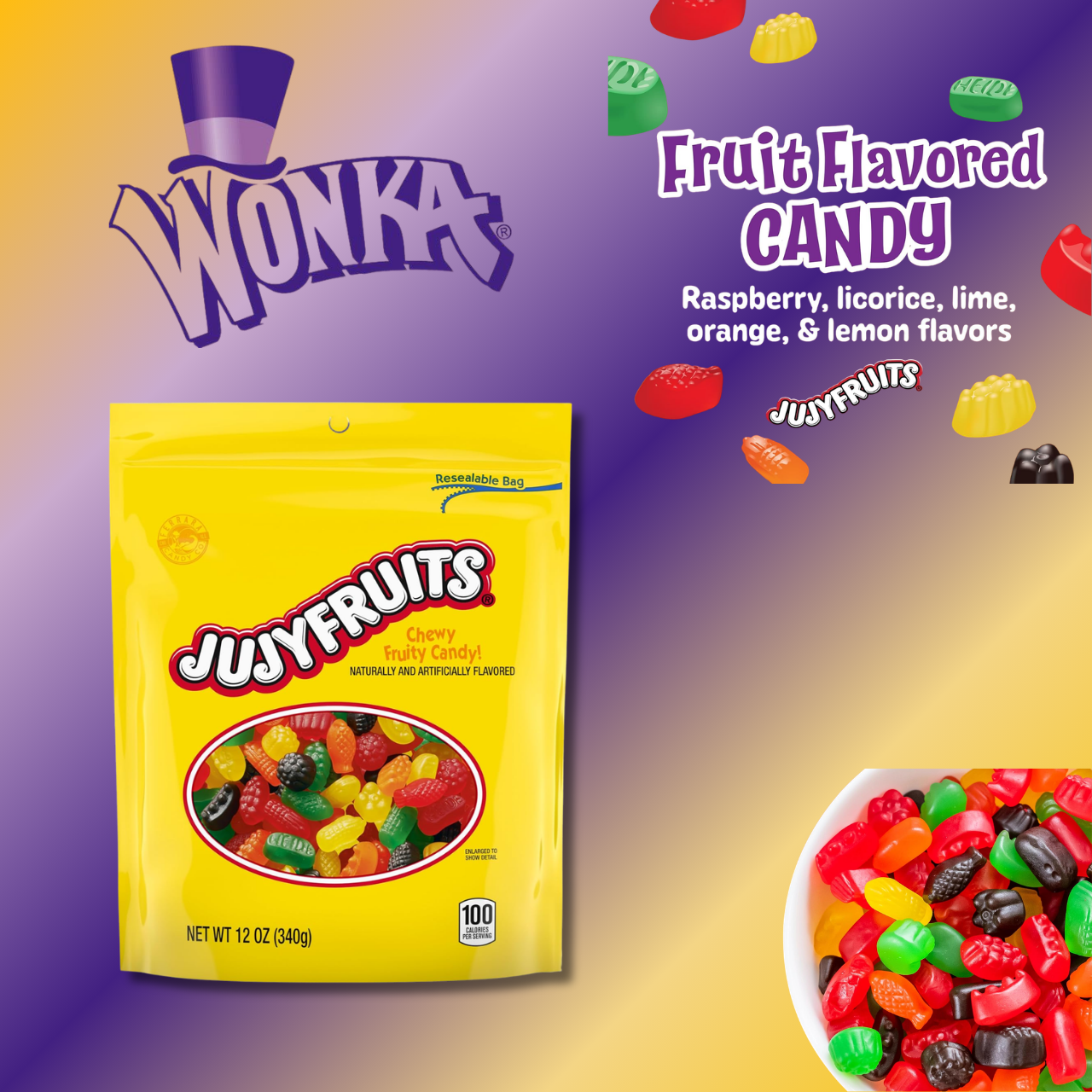 Wonka Juicyfruits | Assorted Gummy Candy | 12 oz Resealable Bag